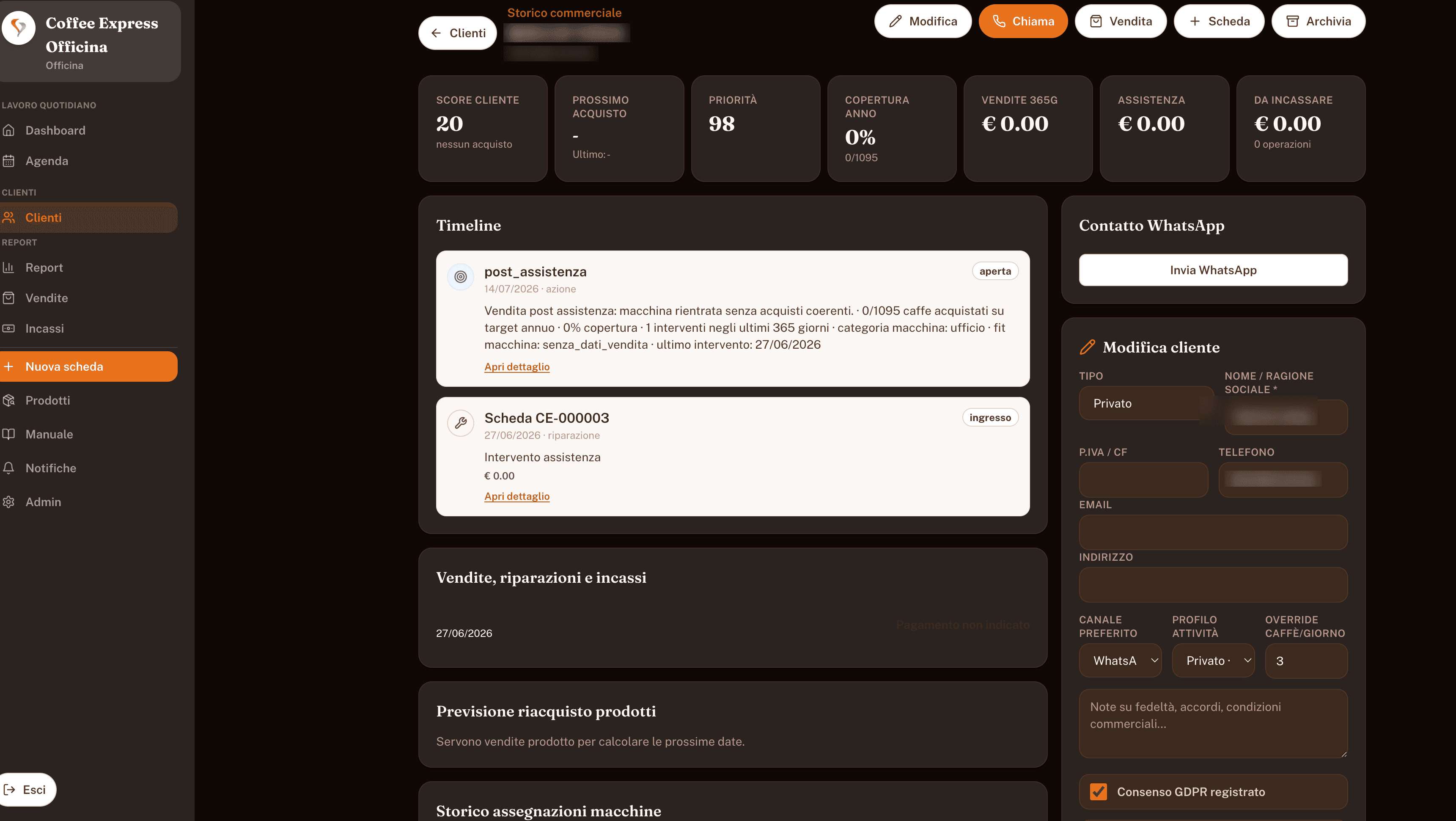 Storico cliente nell'app Coffee Express Officina