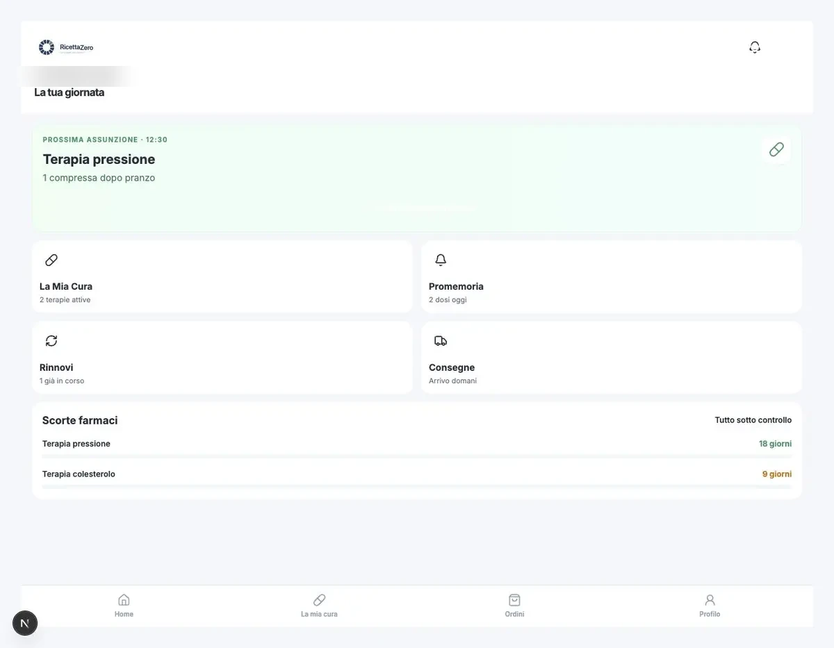 Dashboard paziente dell'app RicettaZero con terapie, rinnovi e consegne